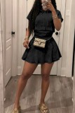 Black Casual Street Sportswear Daily Hooded Short Sleeve Two Pieces