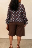 Brown Casual Daily Office lady Polka Dot Flounce Belted V Neck Long Sleeve Two Pieces