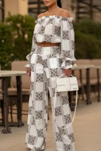 White Casual Street Daily Bohemian Graphic Print Off Shoulder Long Sleeve Two Pieces
