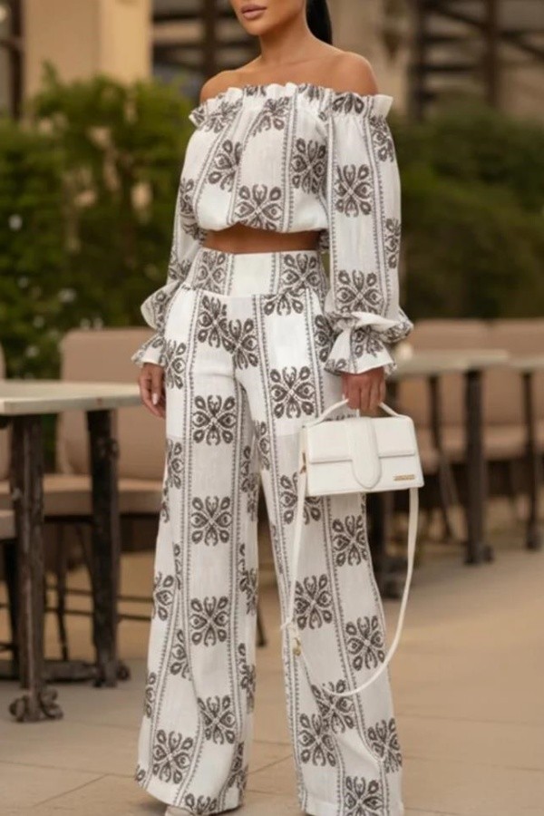 White Casual Street Daily Bohemian Graphic Print Off Shoulder Long Sleeve Two Pieces