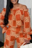 White Casual Street Daily Bohemian Graphic Print Off Shoulder Long Sleeve Two Pieces