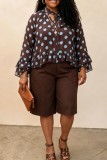 Brown Casual Daily Office lady Polka Dot Flounce Belted V Neck Long Sleeve Two Pieces