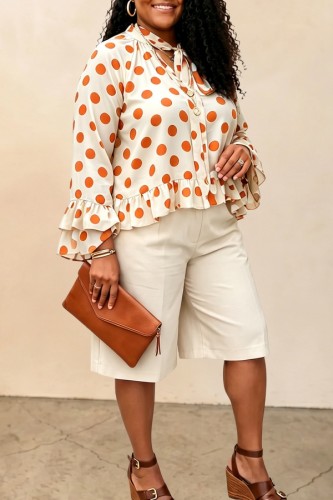 Apricot Casual Daily Office lady Polka Dot Flounce Belted V Neck Long Sleeve Two Pieces