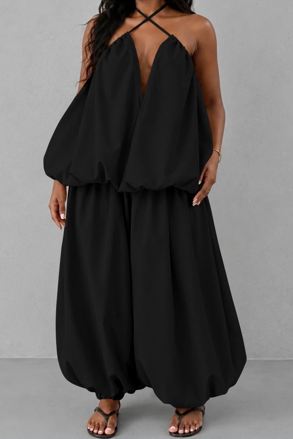 Black Casual Street Daily Solid Color Backless Spaghetti Strap Two Pieces