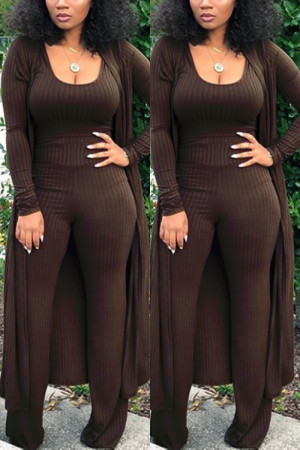 Sexy Solid Tight-Fitting Pure Knit Brown Three Piece Suit