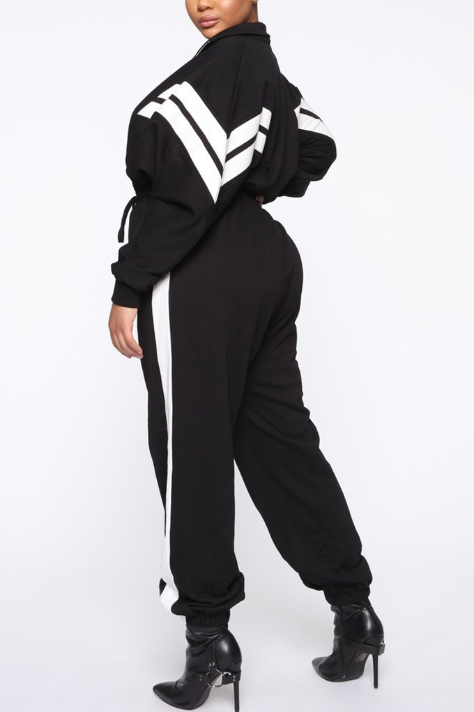 US$ 10.59 - Casual Sports Striped Print Stitching Loose Black Jumpsuit ...