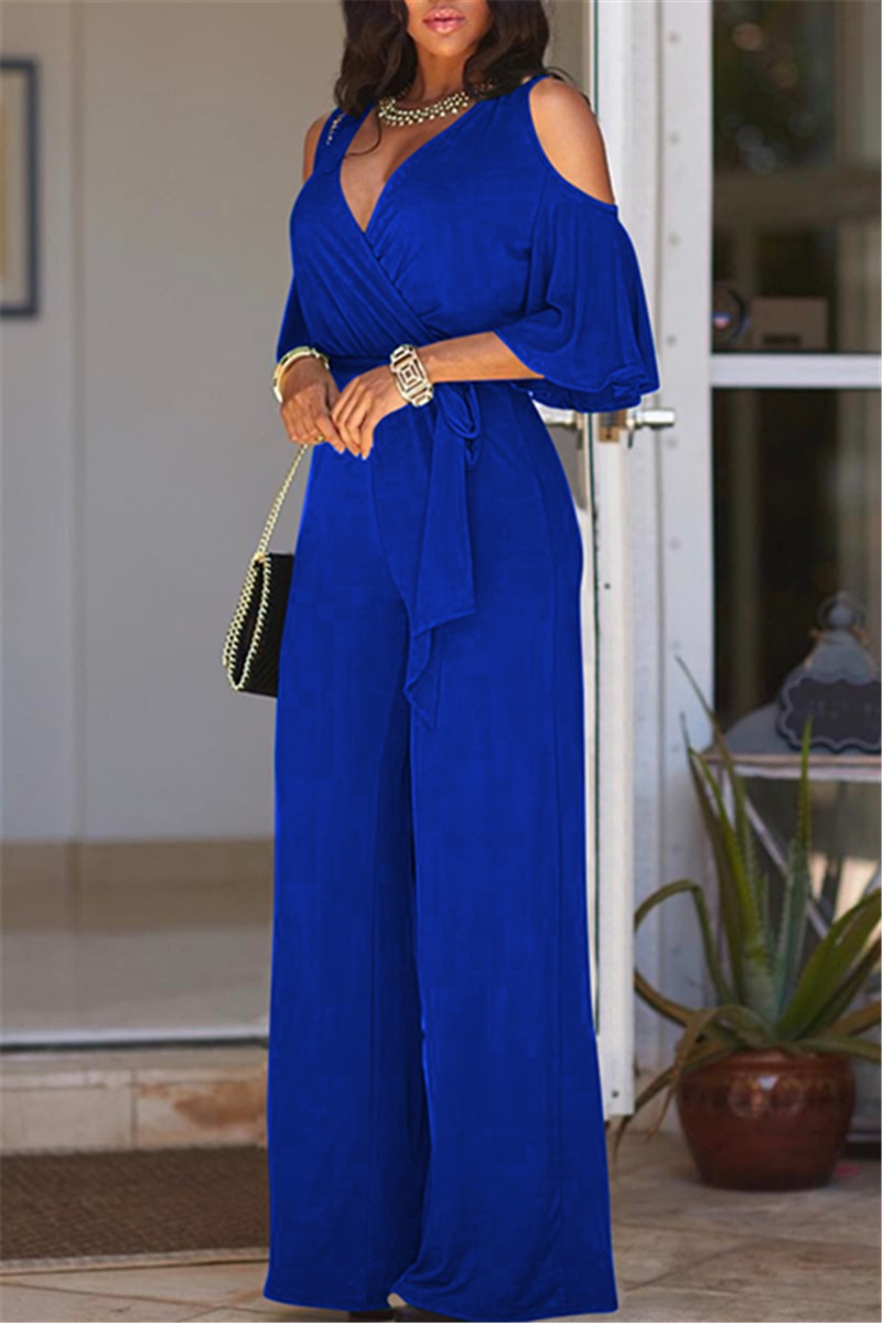 US$ 7.50 - Fashion V-Neck Short Sleeve Belt Royal Blue Jumpsuit - www ...