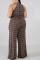 Fashion Plus Size Printed Brown Sleeveless Jumpsuit