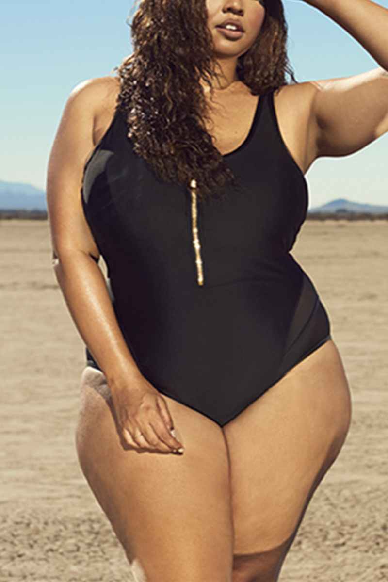 Us 661 Sexy Stitching Plus Size Black One Piece Swimsuit 3056