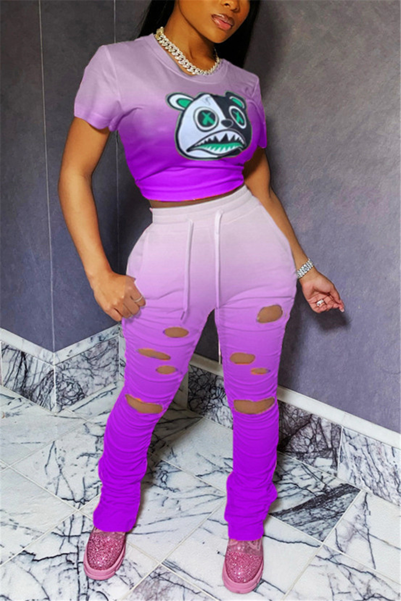 US$ 10.81 - Fashion Casual Printed T-shirt Trousers Purple Set - www