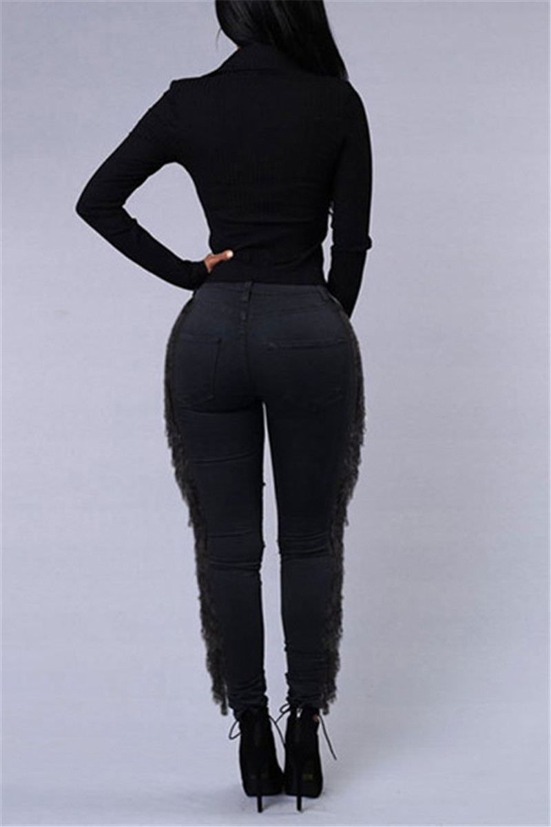 US$ 8.60 - Fashion Casual Black Broken Hole Denim Trousers - www ...