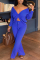 Blue Sexy Solid Split Joint V Neck Long Sleeve Two Pieces