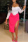 Rose Red Fashion Sexy Solid Backless Slit Off the Shoulder Long Sleeve Two Pieces