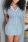Sky Blue Fashion Casual Striped Print Basic V Neck Short Sleeve Dress