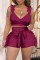 Burgundy Sexy Casual Solid Basic V Neck Sleeveless Two Pieces