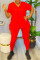 Red Casual Solid Split Joint V Neck Plus Size Two Pieces