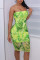 Green Sexy Print Split Joint See-through Strapless Pencil Skirt Dresses