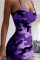 Purple Sexy Camouflage Print Split Joint Spaghetti Strap Pencil Skirt Dresses