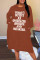 Brown Fashion Casual Letter Print Slit Hooded Collar Long Sleeve Plus Size Dresses