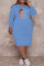 Blue Fashion Casual Print Basic O Neck Long Sleeve Plus Size Dresses