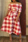 Red Sexy Plaid Print Split Joint Buckle Off the Shoulder Three Quarter Two Pieces