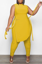 Yellow Casual Street Solid Split Joint Slit Asymmetrical O Neck Plus Size Two Pieces