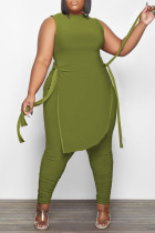 Army Green Casual Street Solid Split Joint Slit Asymmetrical O Neck Plus Size Two Pieces
