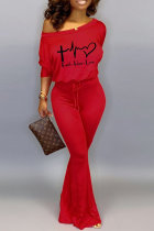 Red Casual Print Letter One Shoulder Boot Cut Jumpsuits