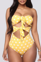 Yellow Sexy Print Polka Dot Split Joint Knotted Swimwears