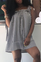 Black White Sexy Casual Striped Print Bandage Backless Square Collar Vest Dress