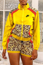 Yellow Fashion Sportswear Print Leopard Split Joint Mandarin Collar Long Sleeve Two Pieces
