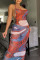 Tangerine Red Sexy Print Split Joint Backless Halter One Step Skirt Dresses