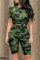 Army Green Fashion Casual Camouflage Print Basic O Neck Short Sleeve Two Pieces