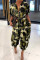 Army Green Casual Print Split Joint Buckle Turndown Collar Loose Jumpsuits