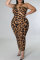 Coffee Fashion Sexy Print Leopard Hollowed Out Split Joint V Neck Sleeveless Dress Plus Size Dresses