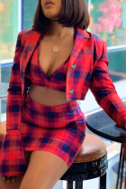 Red Fashion Plaid Split Joint Turndown Collar Long Sleeve Two Pieces