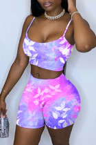 Purple Sexy Casual Print Backless Spaghetti Strap Sleeveless Two Pieces