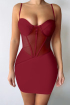 Burgundy Sexy Solid Split Joint See-through Spaghetti Strap Pencil Skirt Dresses
