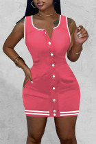 Pink Sexy Solid Split Joint Buckle U Neck Pencil Skirt Dresses