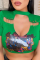 Green Sexy Print Hollowed Out O Neck T-Shirts