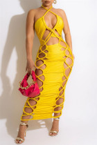 Yellow Fashion Sexy Solid Bandage Hollowed Out Backless Halter Long Dress Dresses