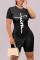 Black Fashion Casual Print Slit O Neck Plus Size Two Pieces