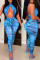 Blue Sexy Print Split Joint Halter Regular Jumpsuits