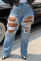 Blue Casual Street Solid Ripped Make Old Patchwork High Waist Denim Jeans