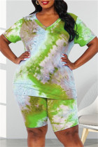Green Fashion Casual Print Tie-dye V Neck Short Sleeve Two Pieces