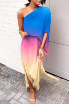 Colorful Blue Fashion Casual Print Patchwork Slit Oblique Collar Irregular Dress