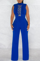Blue Casual Solid Bandage Patchwork Chains Half A Turtleneck Straight Jumpsuits