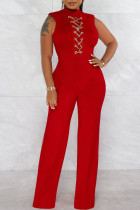 Red Casual Solid Bandage Patchwork Chains Half A Turtleneck Straight Jumpsuits
