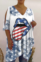White Blue Fashion Casual Print Hollowed Out V Neck T-Shirts