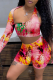 Pink Sexy Print Patchwork One Shoulder Long Sleeve Two Pieces